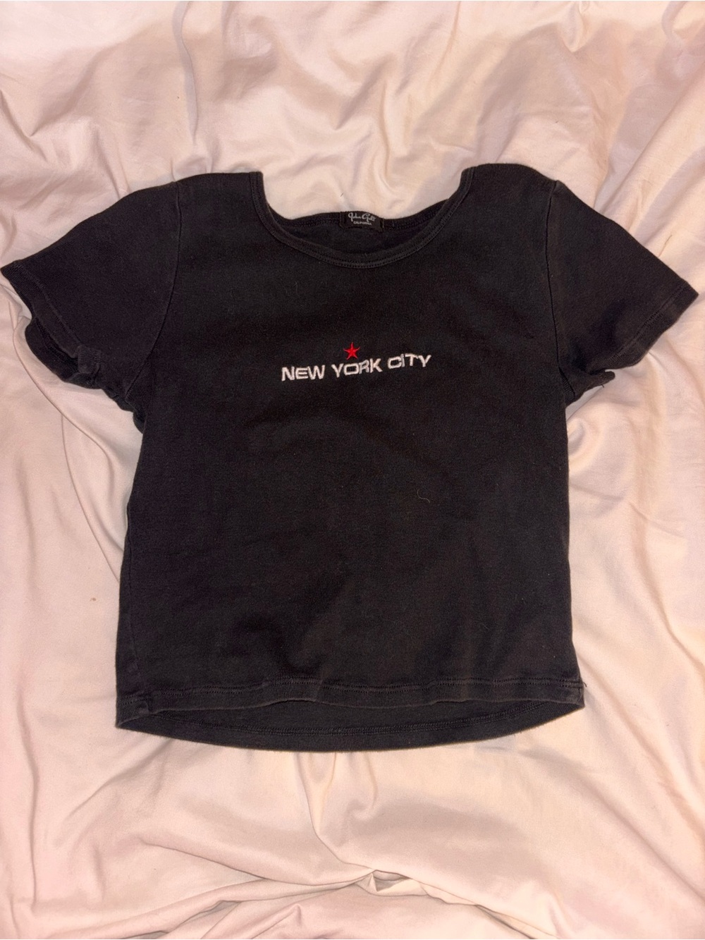 Brandy Melville Black Crop Tee with Red Star & White Text